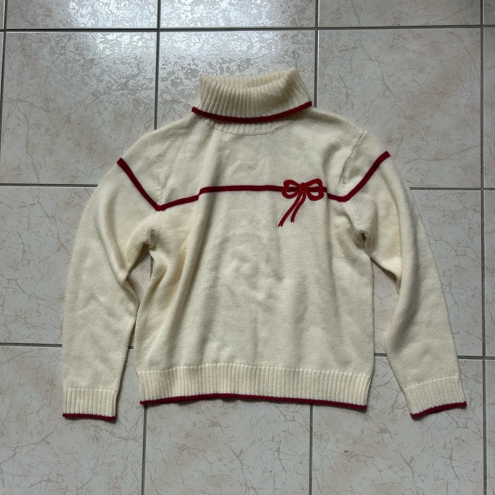 Vintage Cream Sweater with Red bow and trim